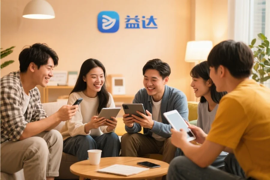 一群年轻用户围坐在一起，使用平板和手机愉快地交流，背景温馨现代，象征欧陆应用的社区活跃氛围